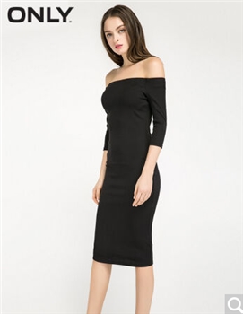 ONLY春季新品含莱卡面料五分袖修身露肩一字领针织连衣裙女E|116361504 010黑 175/92A/XL